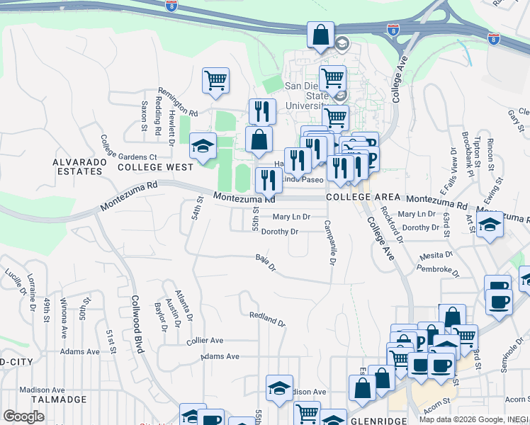 map of restaurants, bars, coffee shops, grocery stores, and more near 5505 Montezuma Road in San Diego