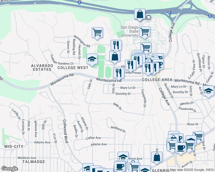 map of restaurants, bars, coffee shops, grocery stores, and more near 5486 Mary Lane Drive in San Diego