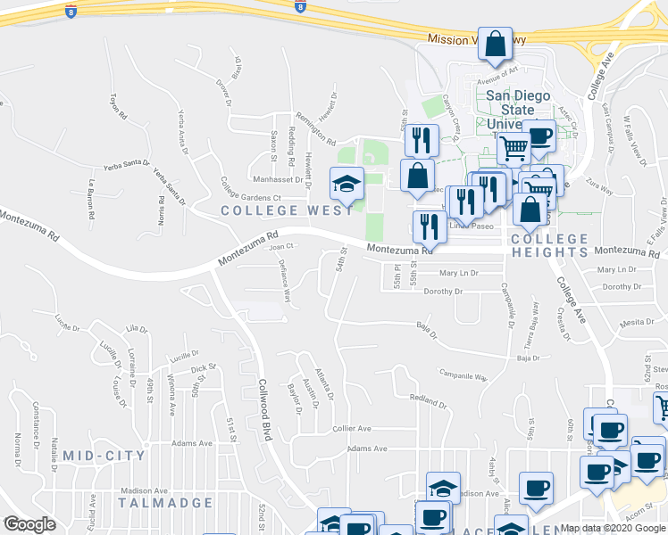 map of restaurants, bars, coffee shops, grocery stores, and more near 5073 54th Street in San Diego
