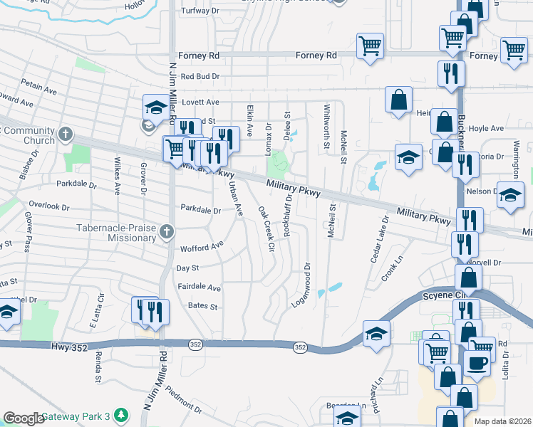 map of restaurants, bars, coffee shops, grocery stores, and more near 3804 Oak Creek Circle in Dallas