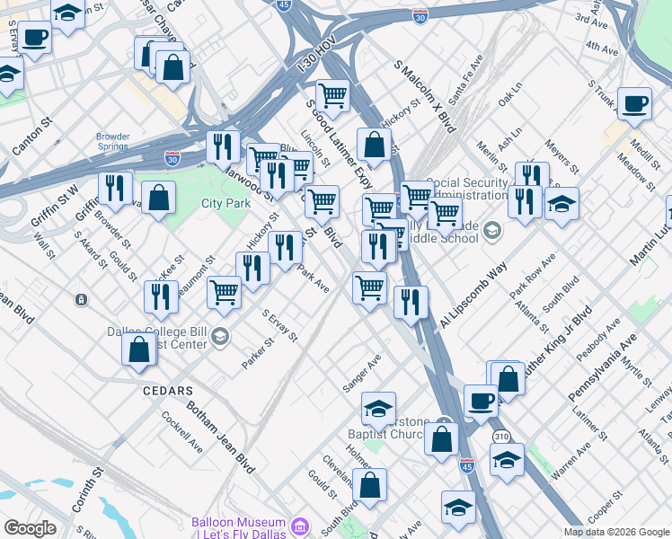 map of restaurants, bars, coffee shops, grocery stores, and more near 2210 South Harwood Street in Dallas