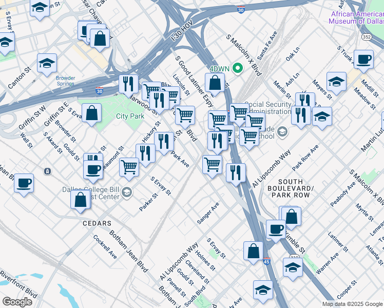 map of restaurants, bars, coffee shops, grocery stores, and more near 2210 South Harwood Street in Dallas
