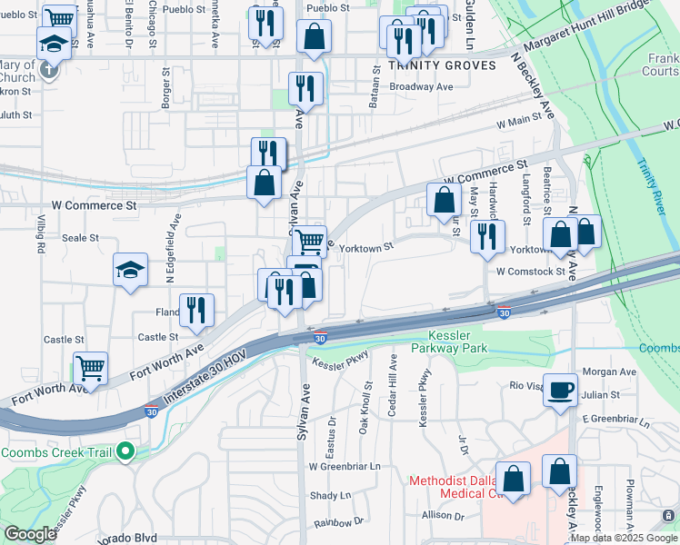 map of restaurants, bars, coffee shops, grocery stores, and more near 660 Yorktown Street in Dallas