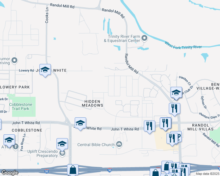map of restaurants, bars, coffee shops, grocery stores, and more near 625 Buzzard Lake Trail in Fort Worth