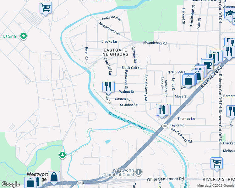 map of restaurants, bars, coffee shops, grocery stores, and more near 6128 Walnut Drive in Fort Worth