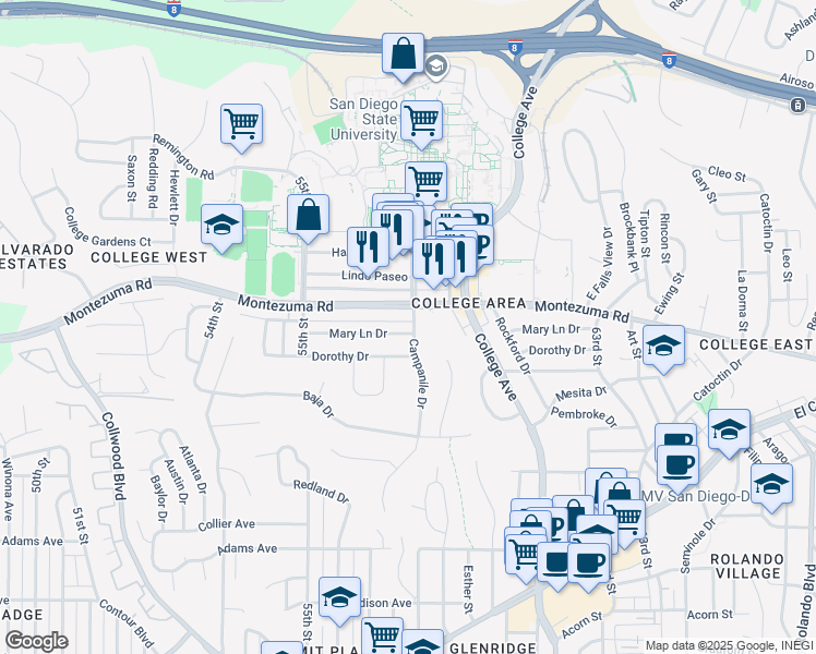 map of restaurants, bars, coffee shops, grocery stores, and more near 5096 Campanile Drive in San Diego