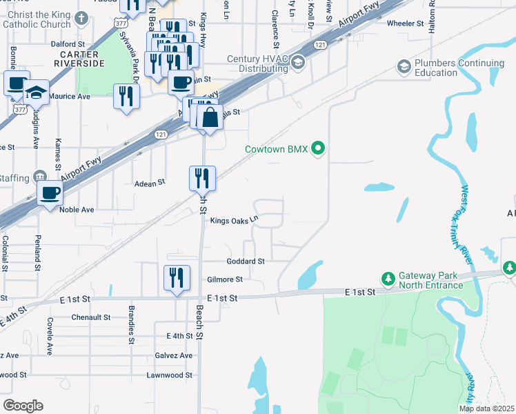 map of restaurants, bars, coffee shops, grocery stores, and more near 4325 Kings Circle South in Fort Worth