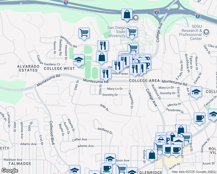 map of restaurants, bars, coffee shops, grocery stores, and more near 5505 Montezuma Road in San Diego