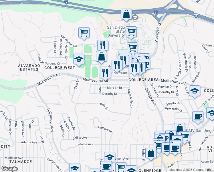 map of restaurants, bars, coffee shops, grocery stores, and more near 5505 Montezuma Road in San Diego