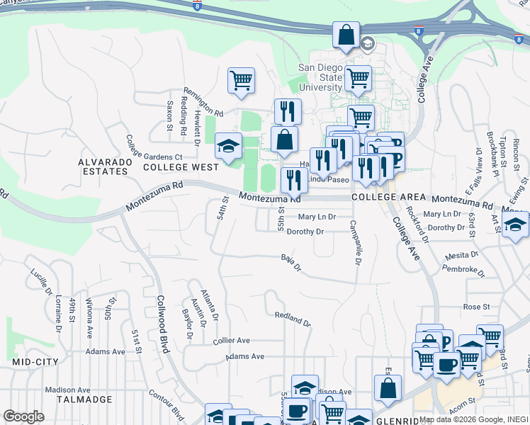 map of restaurants, bars, coffee shops, grocery stores, and more near 5486 Mary Lane Drive in San Diego
