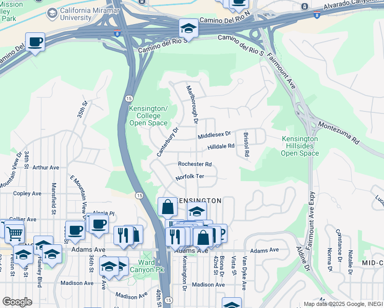 map of restaurants, bars, coffee shops, grocery stores, and more near 5064 Marlborough Drive in San Diego