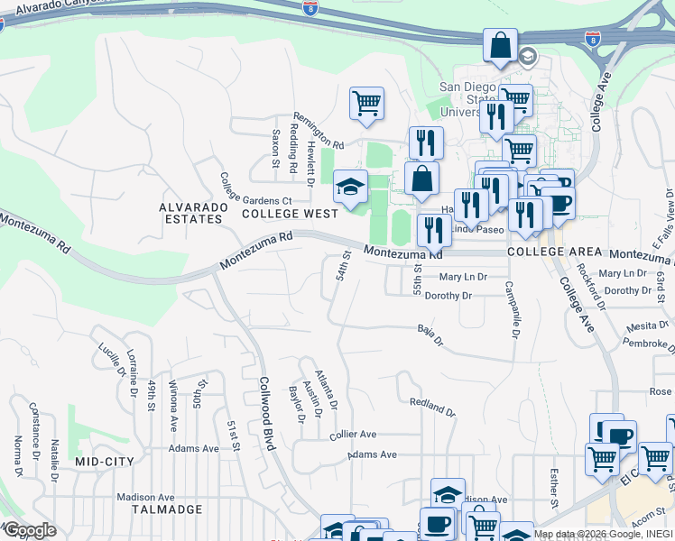 map of restaurants, bars, coffee shops, grocery stores, and more near 5073 54th Street in San Diego