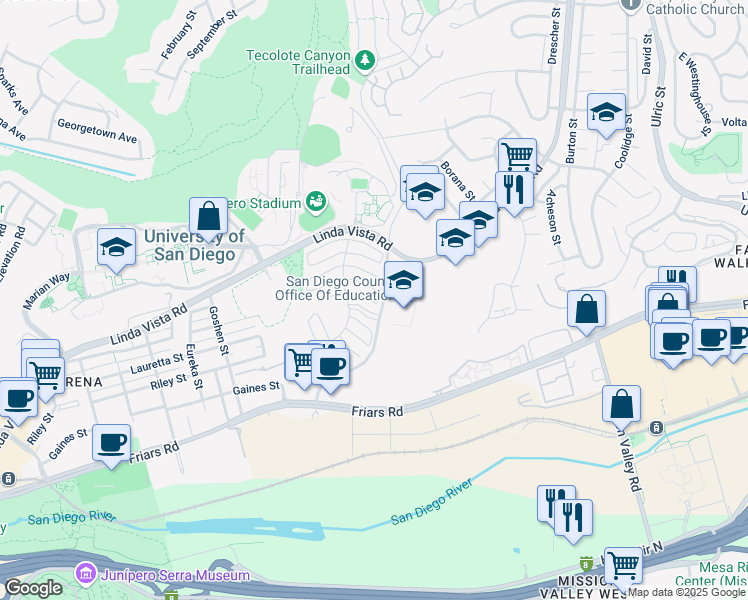 map of restaurants, bars, coffee shops, grocery stores, and more near 6367 Caminito Andreta in San Diego