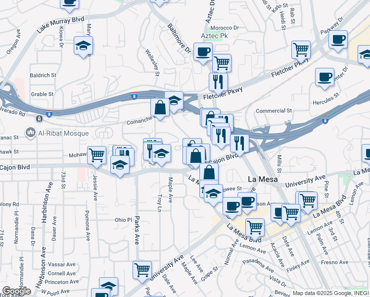 map of restaurants, bars, coffee shops, grocery stores, and more near 5045 Woodyard Avenue in La Mesa