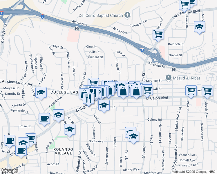 map of restaurants, bars, coffee shops, grocery stores, and more near 6778 Mohawk Street in San Diego