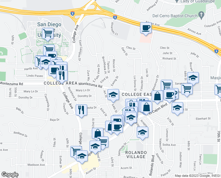 map of restaurants, bars, coffee shops, grocery stores, and more near Montezuma Road & Ewing Street in San Diego