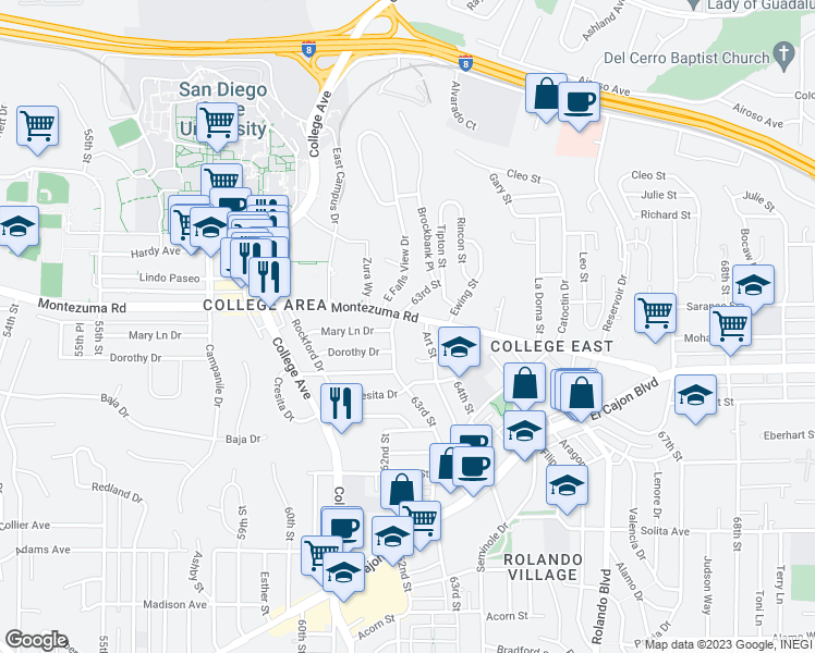 map of restaurants, bars, coffee shops, grocery stores, and more near 6311 Montezuma Road in San Diego