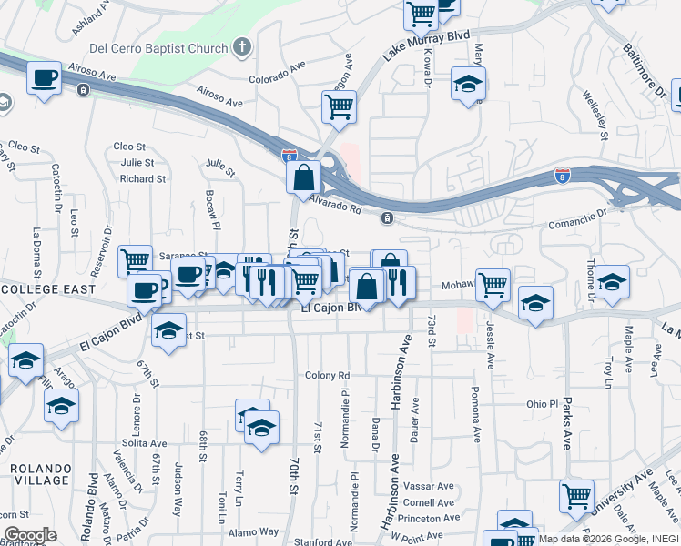 map of restaurants, bars, coffee shops, grocery stores, and more near 7085 Saranac Street in San Diego