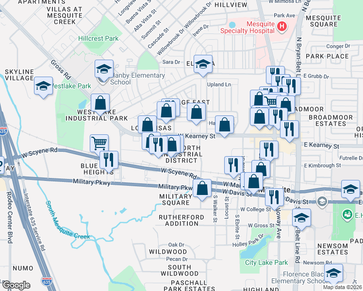 map of restaurants, bars, coffee shops, grocery stores, and more near 700 West Kearney Street in Mesquite