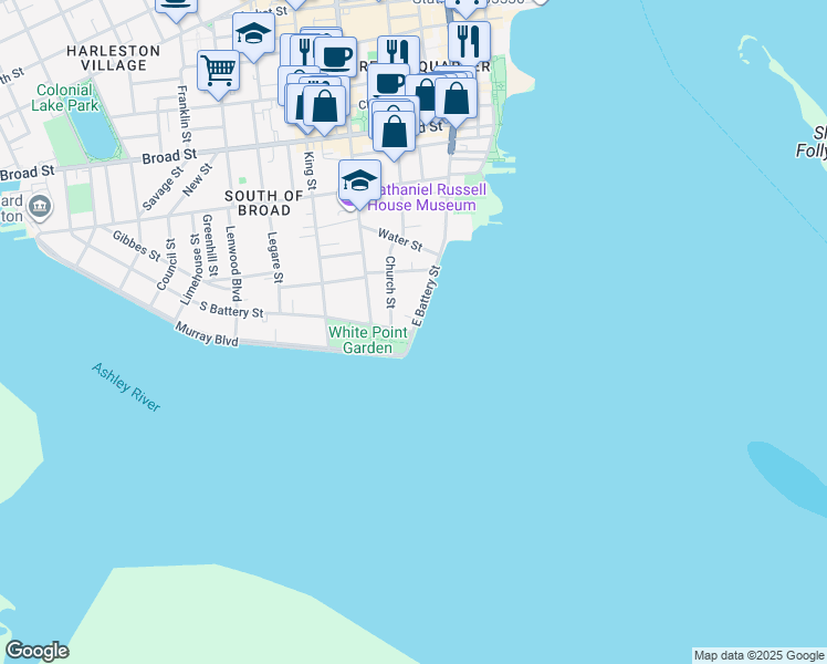 map of restaurants, bars, coffee shops, grocery stores, and more near 0 East Battery in Charleston