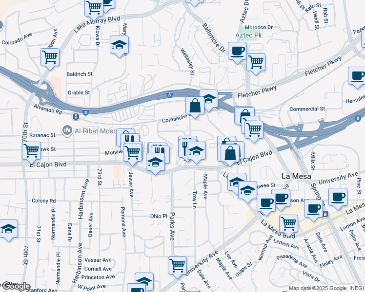 map of restaurants, bars, coffee shops, grocery stores, and more near 5022 Thorne Drive in La Mesa