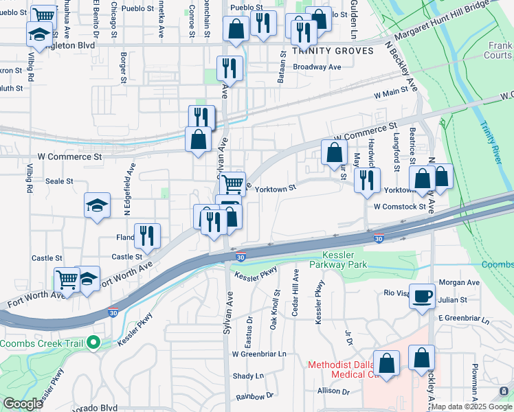 map of restaurants, bars, coffee shops, grocery stores, and more near 660 Yorktown Street in Dallas