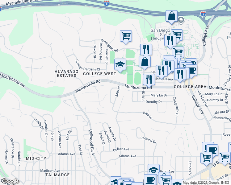 map of restaurants, bars, coffee shops, grocery stores, and more near 5073 54th Street in San Diego