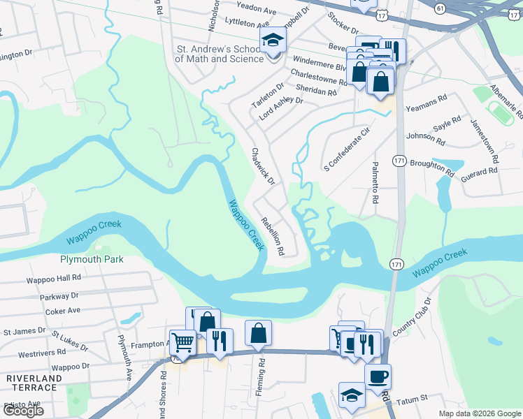 map of restaurants, bars, coffee shops, grocery stores, and more near 6 Dade Drive in Charleston