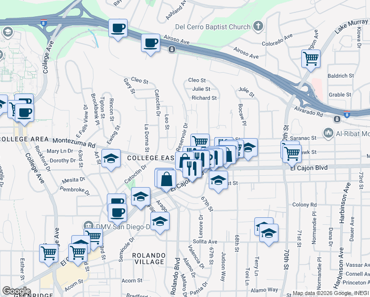 map of restaurants, bars, coffee shops, grocery stores, and more near 6615 Reservoir Court in San Diego