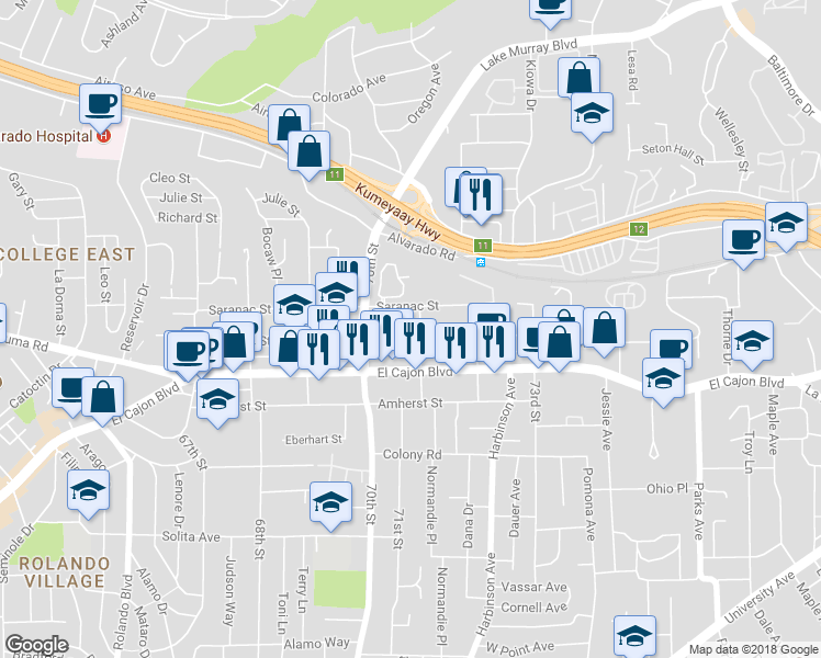 map of restaurants, bars, coffee shops, grocery stores, and more near 7080-82 Mohawk Street in San Diego