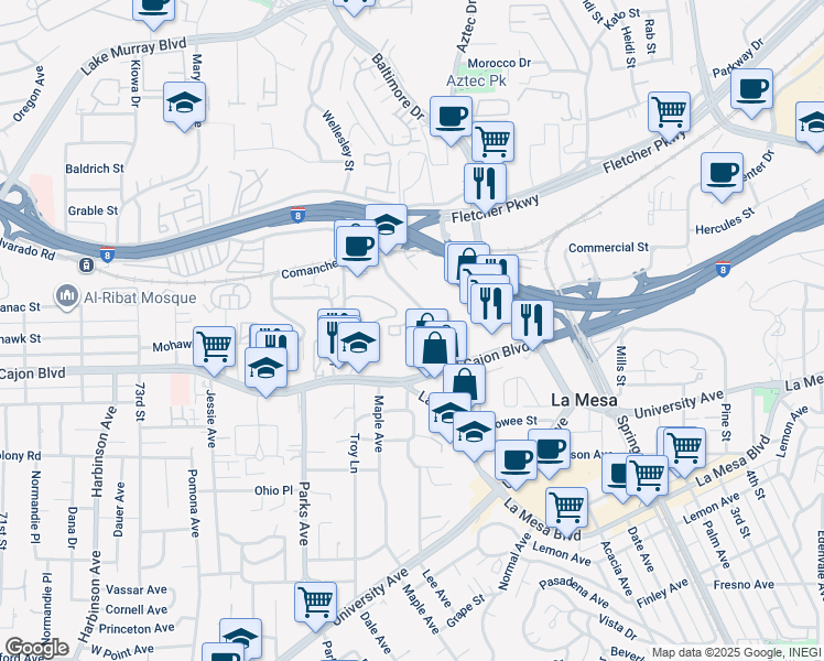 map of restaurants, bars, coffee shops, grocery stores, and more near 5092 Guava Avenue in La Mesa