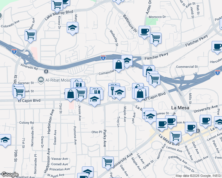 map of restaurants, bars, coffee shops, grocery stores, and more near 5050 Thorne Drive in La Mesa