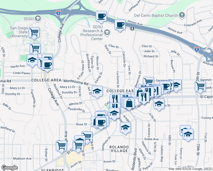 map of restaurants, bars, coffee shops, grocery stores, and more near 5045 Gary Street in San Diego