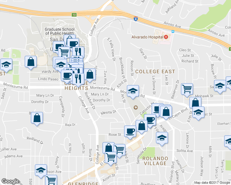 map of restaurants, bars, coffee shops, grocery stores, and more near in San Diego