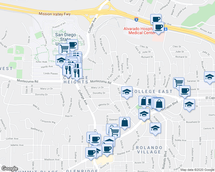map of restaurants, bars, coffee shops, grocery stores, and more near in San Diego