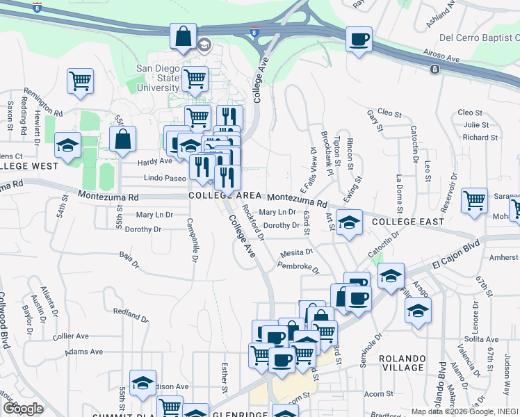 map of restaurants, bars, coffee shops, grocery stores, and more near 6149 1/2 Montezuma Road in San Diego