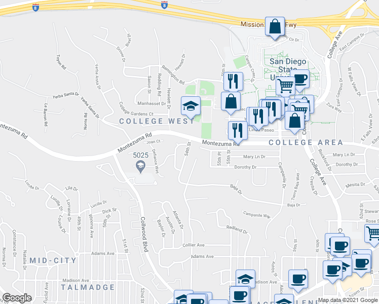 map of restaurants, bars, coffee shops, grocery stores, and more near 5073 54th Street in San Diego