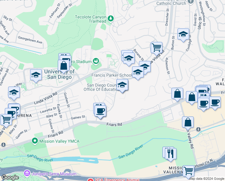 map of restaurants, bars, coffee shops, grocery stores, and more near 6367 Caminito Andreta in San Diego