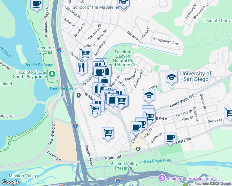 map of restaurants, bars, coffee shops, grocery stores, and more near 5050 Buenos Avenue in San Diego