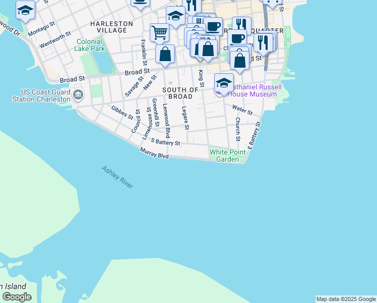 map of restaurants, bars, coffee shops, grocery stores, and more near 51 South Battery in Charleston