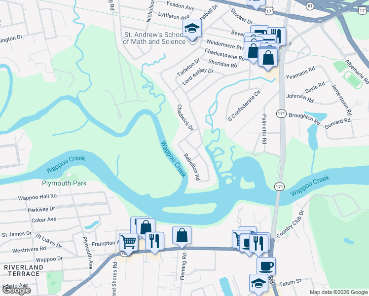 map of restaurants, bars, coffee shops, grocery stores, and more near 6 Dade Drive in Charleston