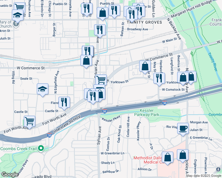 map of restaurants, bars, coffee shops, grocery stores, and more near 660 Yorktown Street in Dallas
