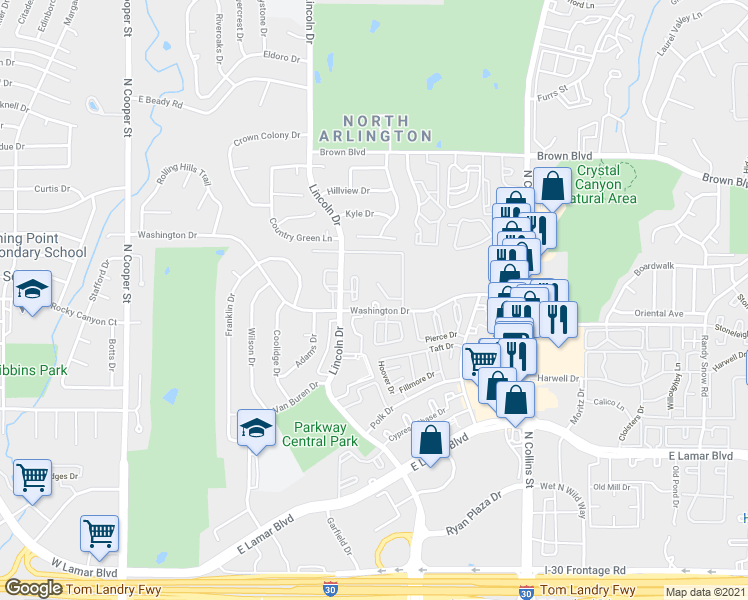 map of restaurants, bars, coffee shops, grocery stores, and more near 705 Washington Drive in Arlington