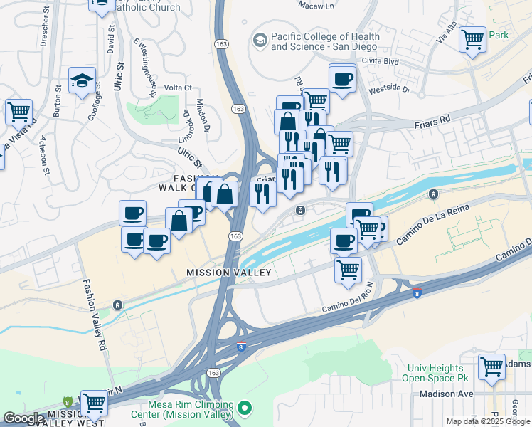 map of restaurants, bars, coffee shops, grocery stores, and more near 7450 Hazard Center Drive in San Diego