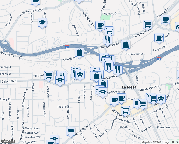 map of restaurants, bars, coffee shops, grocery stores, and more near 5092 Guava Avenue in La Mesa