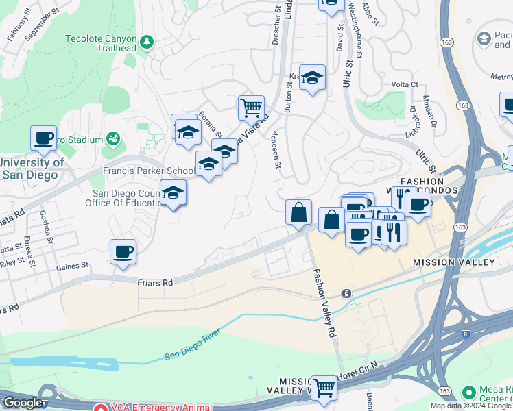 map of restaurants, bars, coffee shops, grocery stores, and more near 6665 Canyon Rim Row in San Diego