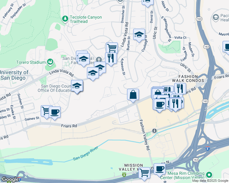 map of restaurants, bars, coffee shops, grocery stores, and more near 6655 Canyon Rim Row in San Diego