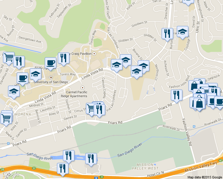 map of restaurants, bars, coffee shops, grocery stores, and more near 6367 Caminito Andreta in San Diego