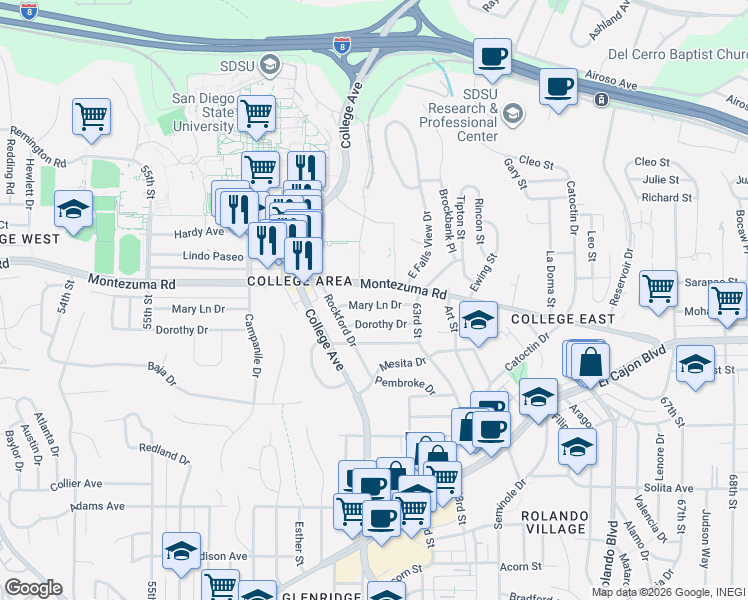 map of restaurants, bars, coffee shops, grocery stores, and more near 6219 Montezuma Road in San Diego