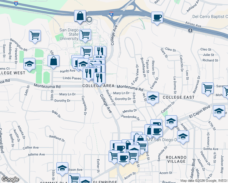 map of restaurants, bars, coffee shops, grocery stores, and more near 6149 1/2 Montezuma Road in San Diego